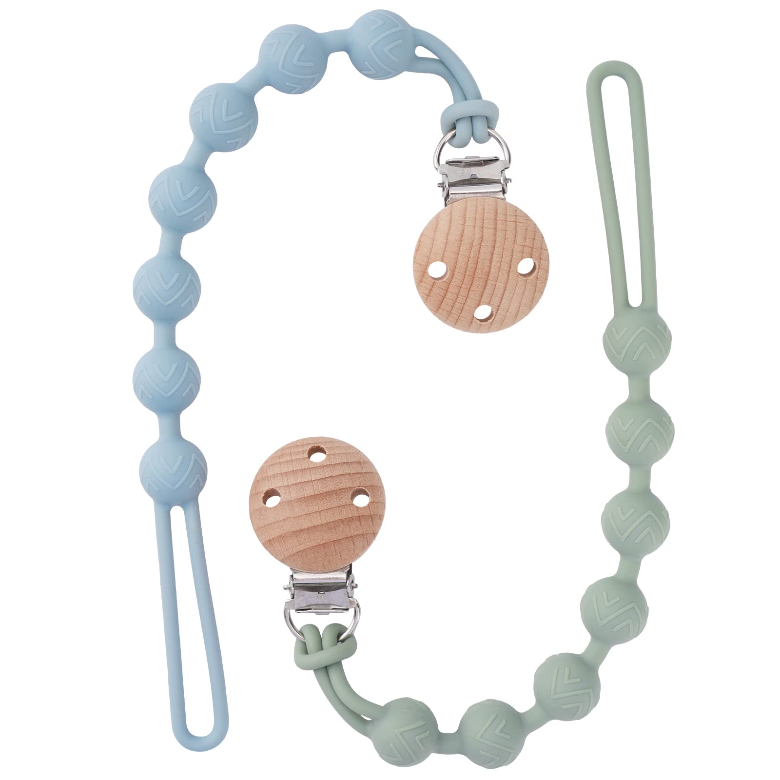 EYOGO Silicone Dummy Clip for Baby Boys and Girls, One Piece Pacifier Clips, Wooden Soother Clips Design, Fits Most Pacifiers and Teething Toys, 2 Pack (Sage+Ether)