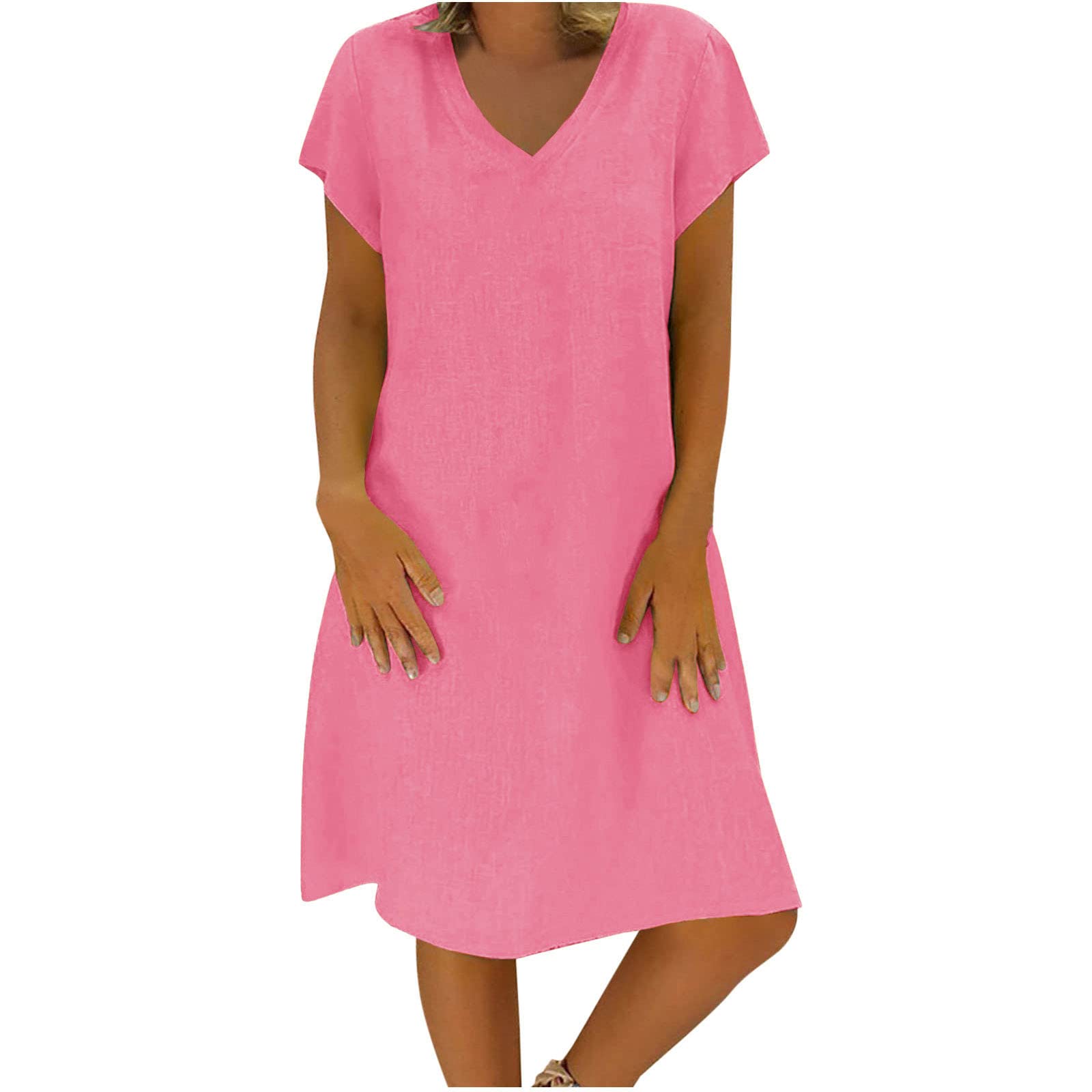 Women's Summer Cotton Linen Dress Loose V-Neck