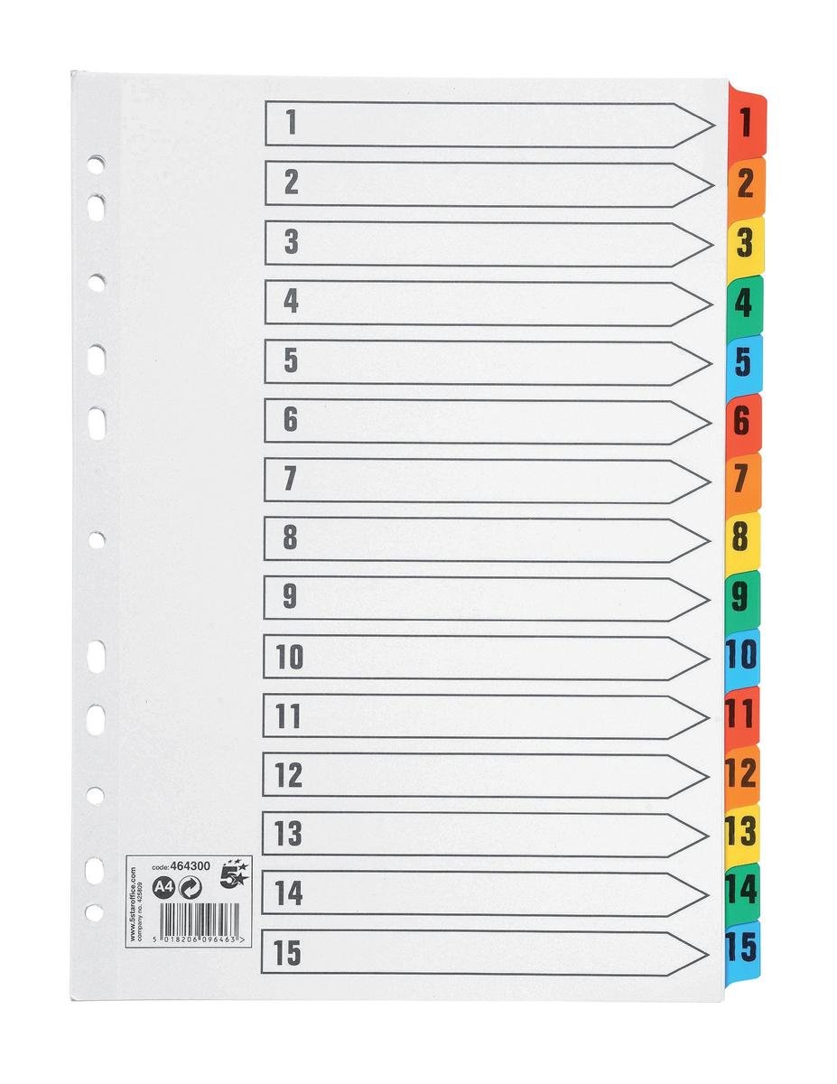 5 Star Office Index 150gsm Card with Coloured Mylar Tabs 1-15 A4 White