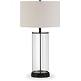 Henn&Hart 28" Tall Table Lamp with Fabric Shade in Blackened Bronze/White, Lamp, Desk Lamp for Home or Office