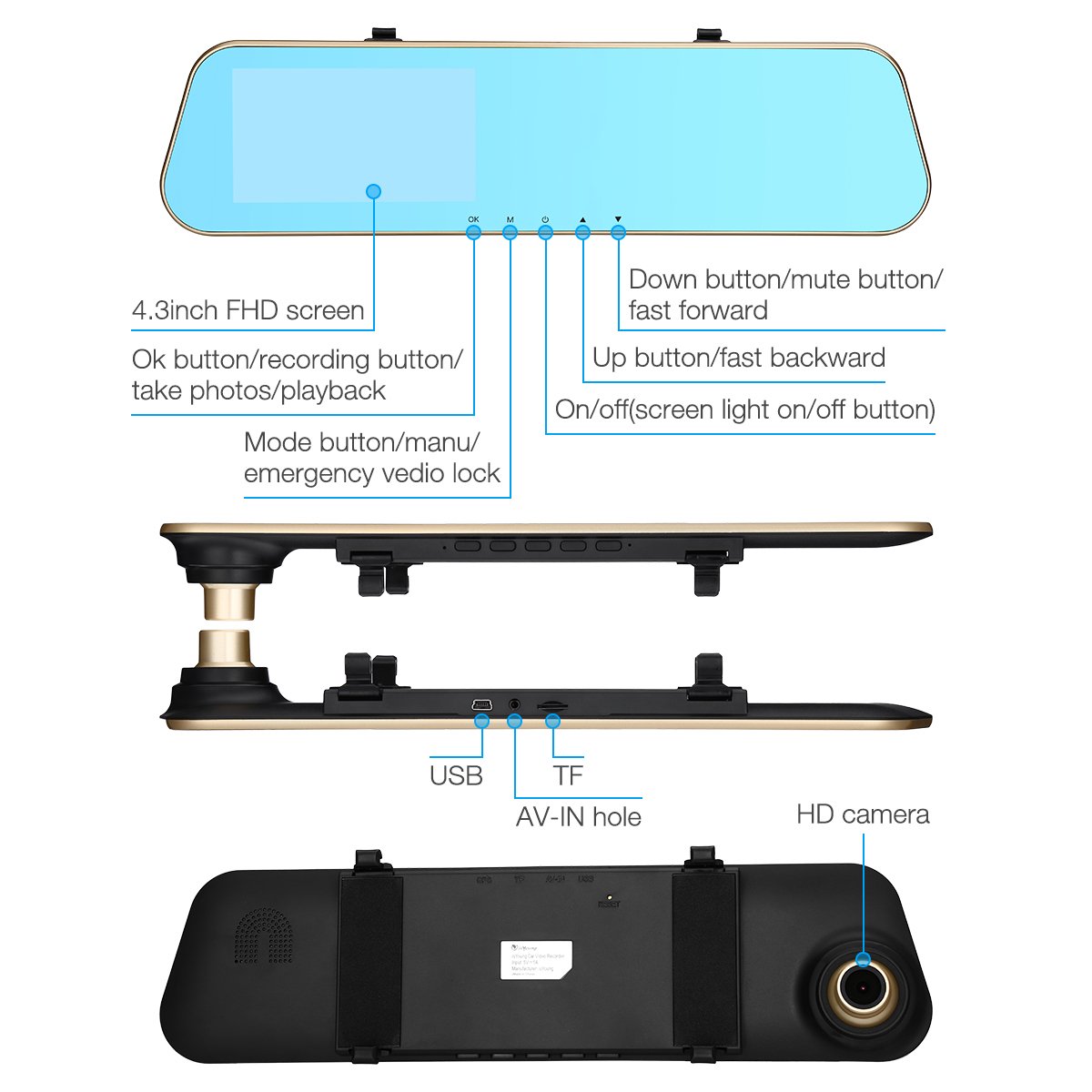 isYoung Mirror Dash Cam Rearview Mirror Cam 720P Full HD 140° Wide Angle Front Car Camera Video Recorder with Front and Back Camera, G-Sensor, Loop Recording