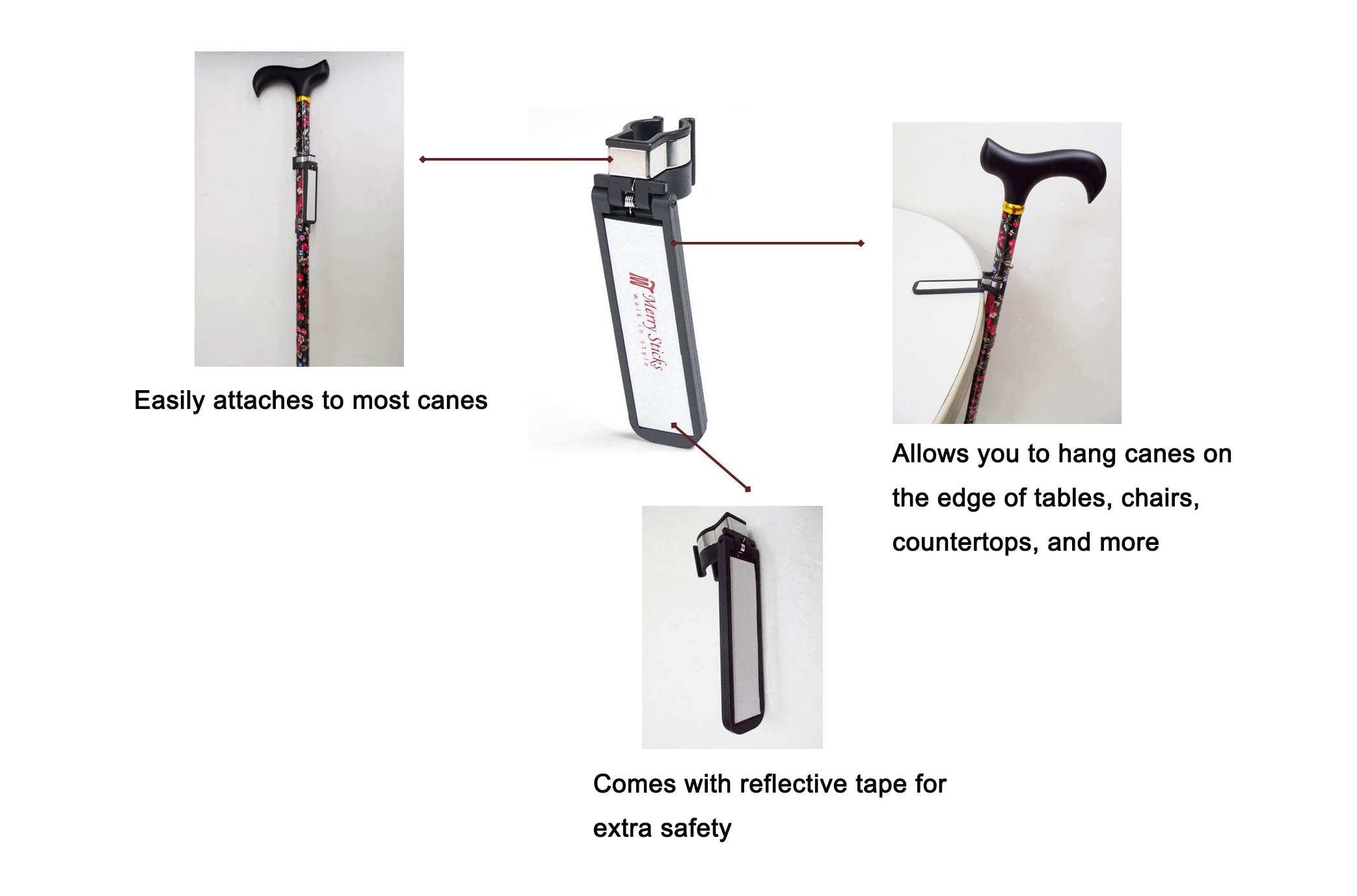 Merry Sticks Walking Cane Holder, Smart Reflective Cane Holder Clip for Table, Walking Stick Accessories for Senior, Portable, Foldable, and Convenient