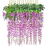 12 Pack 1 Piece 3.6 Feet Artificial Flowers Silk Wisteria Vine Ratta Hanging Flower for Wedding Garden Floral DIY Living Room Office Decor (Purple)