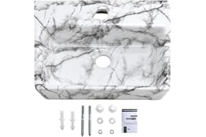 Bokaiya 13 Inch Small Wall-Mount Bathroom Sink - White Marble Ceramic - Countertop Installation