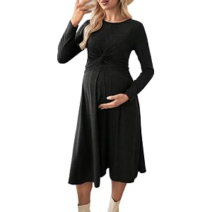 BLENCOT Maternity Nursing Dress Twist Knot Pull Up Feed Midi Long Sleeve Breastfeeding Dress for Pregnancy Postpartum