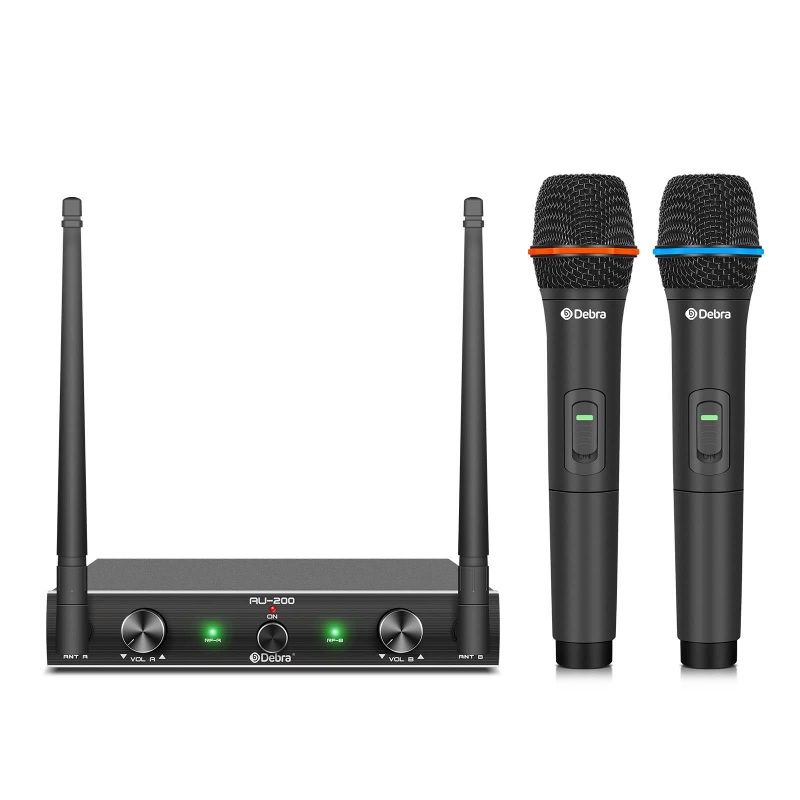Audio AU200 Pro UHF 2 Channel Wireless Microphone System with Cordless Handheld Lavalier Headset Mics, Metal Receiver, Ideal for Karaoke Church Party (2 Handheld)
