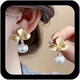Andelaisi Boho Flower Pearl Earrings Vintage Pearl Dangle Earring Gold Flower Blossom Stud Earrings Personalized Floral Lily Petal Earring Jewelry for Women