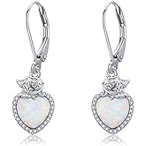 SNOWELLE Opal Heart Earrings 925 Sterling Silver Rose Heart Dangle Drop Earrings Opal Jewelry Gifts for Women