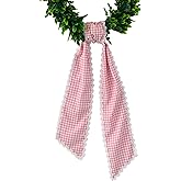 DYSHAYEN Wreath Sash for Front Door,Canvas RIC Rac Trim Wreath Accessories for Yard Doorway Indoor Outdoor Bridal Shower Xmas Home (Pink Gingham-White Trim)