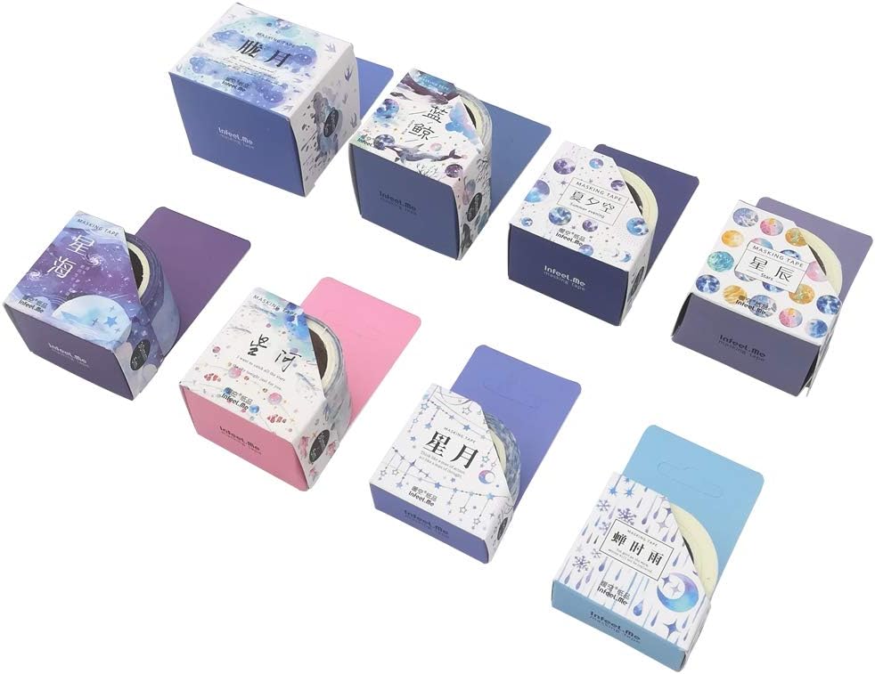 Fantacy Washi Tape Set (8 Rolls) Planet Ocean Series Starry Sky Moon Star Snowflake Marine Life Whale Fish Swallow Bird Masking Tapes DIY Label Sticker for Scrapbooking Album Diary Planner Journal