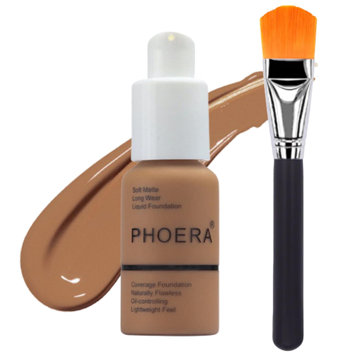 Glamza PHOERA Foundation Concealer Makeup Full Coverage Matte Brighten Long Lasting UK + Professional Flat Face Foundation Brush (109 MOCHA)