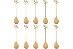 Stainless Steel Gold Leaf Coffee Spoon-AnSaw 10 Pcs Creative Tableware Dessert Spoons, Stirring, Mixing, Sugar, Stir, Ice Cream, Cake, Teaspoon Set (Gold-10Spoon)