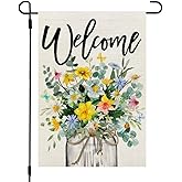 CROWNED BEAUTY Spring Floral Garden Flag Mason Jar 12x18 Inch Double Sided Small Burlap Seasonal Holiday Flag for Outside Yard Welcome CF1377-12