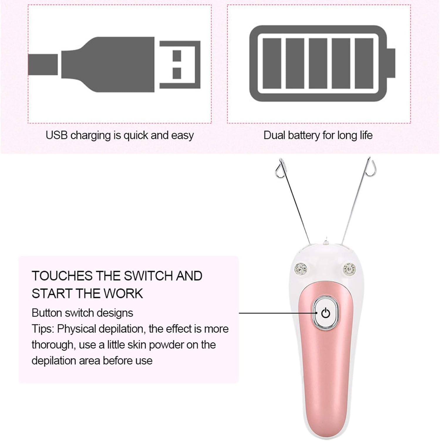 Electric Facial Hair Remover Women Threading Epilator Physical Threader Hair Remover for Face Arm Leg Use(Pink) - Image 4