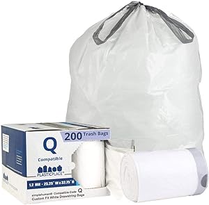 Plasticplace Custom Fit Trash Bags simplehuman (x) Code Q Compatible (50 Count) White Drawstring Garbage Liners 13-17 Gallon, 200