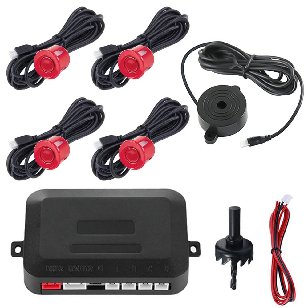 MOCNT Car Reverse Parking Sensors Car Rear Reverse Parking Radar System Car Parking Sensor Kit 4 Rear Sensor Auto Sound Alarm Alert Reverse Backup Radar Red