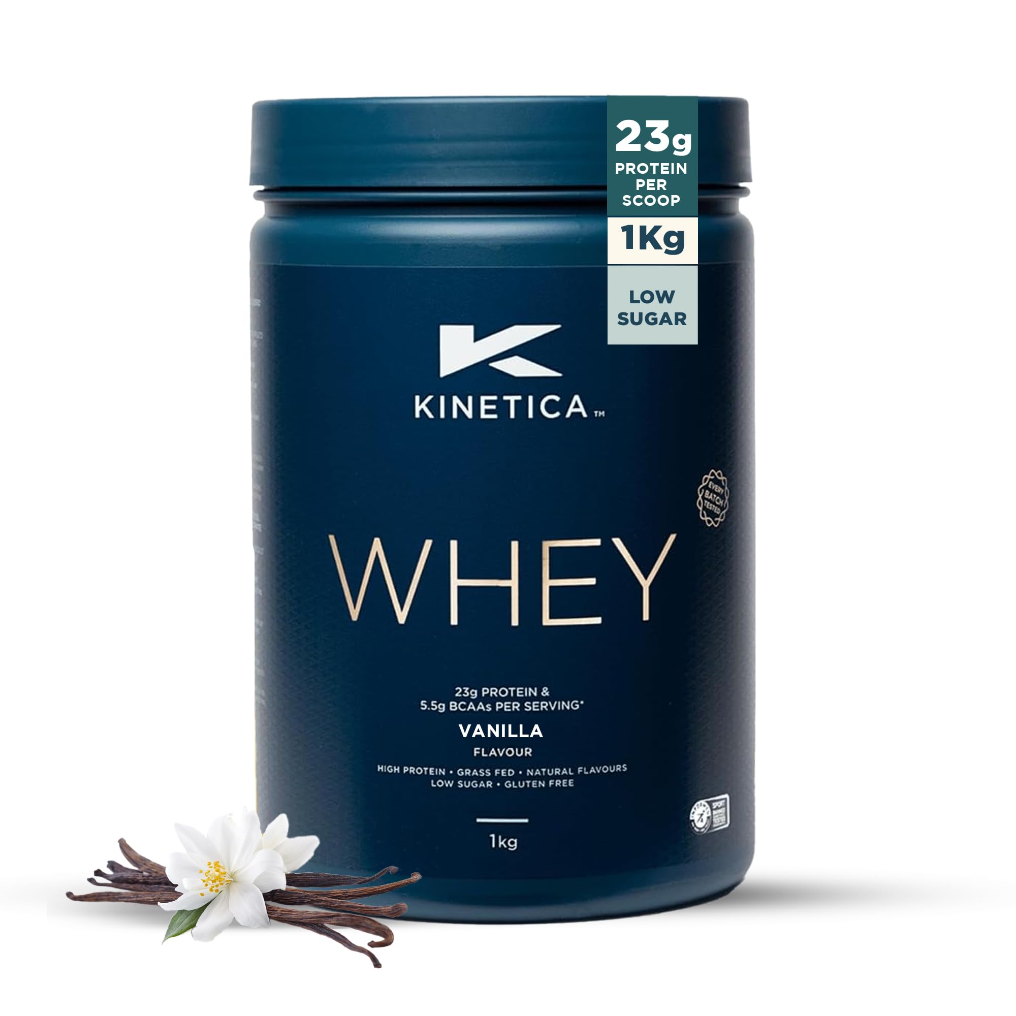 Kinetica Sports Whey Protein Powder - Vanilla, 1 Kg, 33 Servings | 23g Protein, 5.5g BCAA Amino Acid & 4.32g Glutamine | Recovery Shake for Optimum Nutrition | WADA & Informed Sport Approved