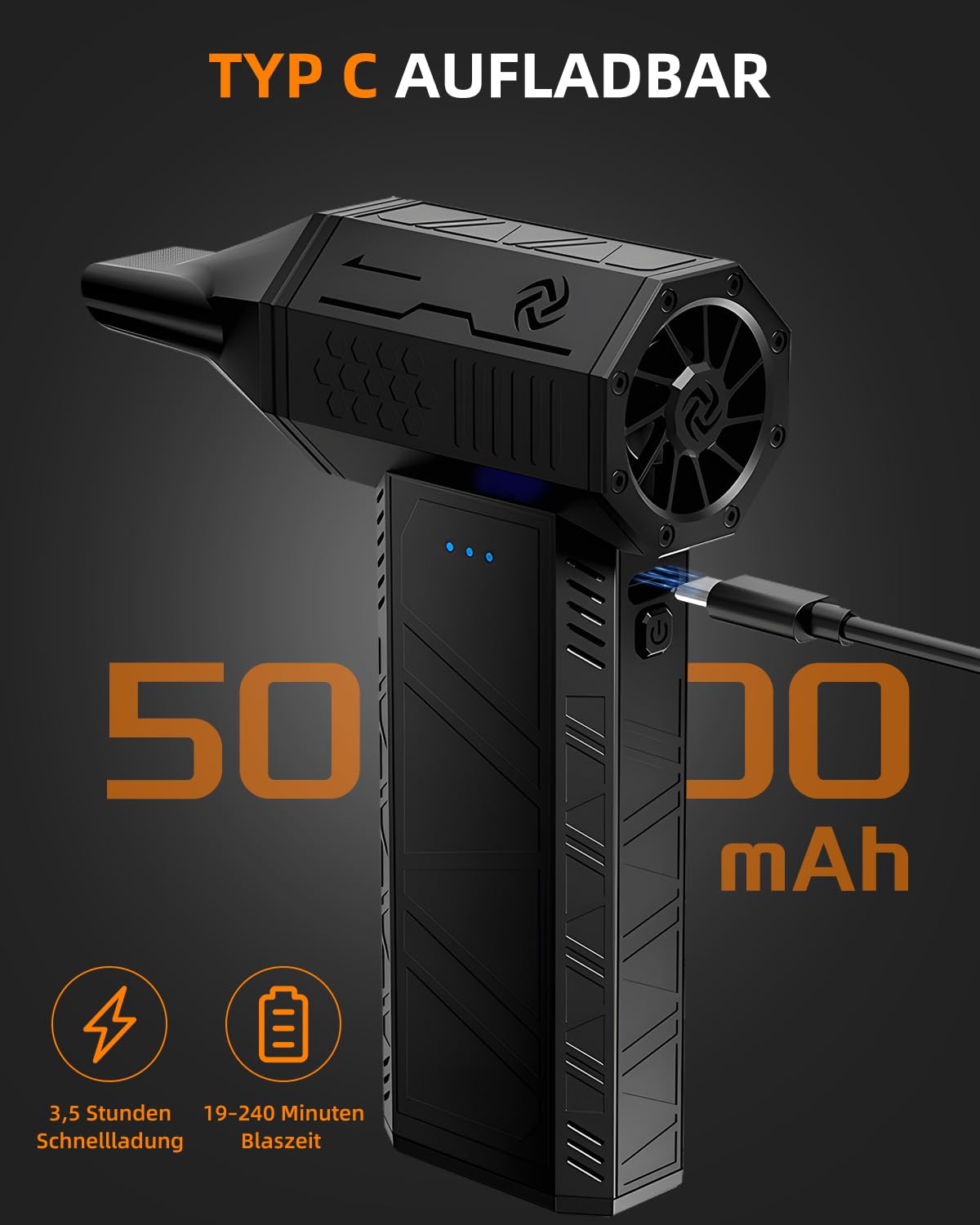 Elektrische Staubgebläse,110000RPM Electric Air Duster Cordless, 3-Gang einstellbare Mini-Gebläse mit Akku, 5.000 mAh wiederaufladbarer Akku, Mini-Format, mit 4 Düsen und Überhitzungsschutz. 3