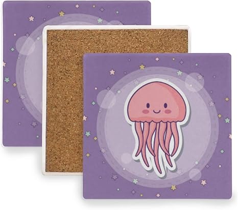 Amazon コースター 珪藻土 クラゲ 海月 可愛い かわいい 紫 キャラクター おしゃれ 吸水 おしゃれ エコ素材 茶パッド 断熱パッド コップ敷き ドリンク コーヒー 茶托 滑り止め 吸水 速乾 4枚セット 角丸型 角 角型 木製 コルク 方形 コースター オンライン通販