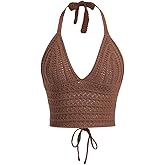 Naileksi Women Lace Up Backless Crochet Crop Halter Top Y2k Slim Fit Sleeveless V Neck Self Tie Back Knit Crop Cami Top