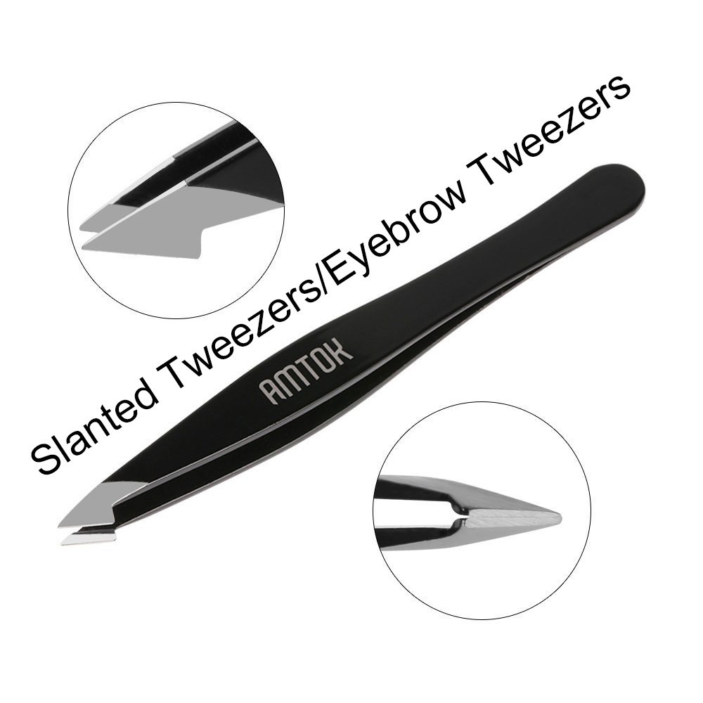 AMTOK Eyebrows Tweezers Kit Professional Plucking Tools Kit Stainless Steel,Flat,Slant and Pointed Tip Tweezers (Black)