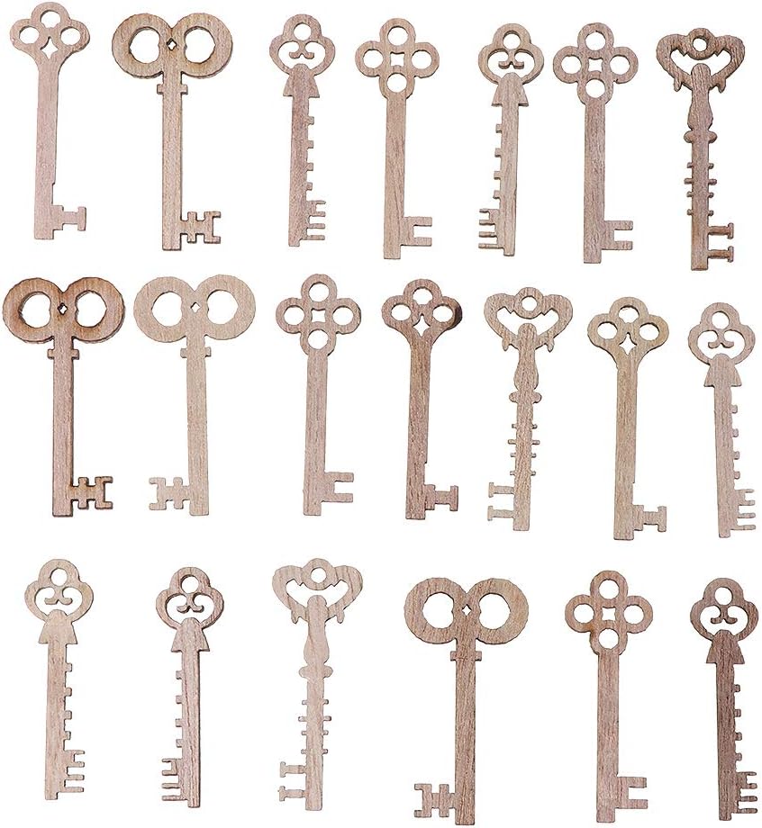 Baiyao 25pcs Wooden Key Embellishments, Mixed Key Shapes Wooden Cutout