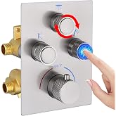 NPYSVSSS Modern Push Button 3 Way Thermostatic Shower Valve, Concealed 3 Outlet Multi Function Brass Mixer Shower Diverter Valve Kit Can Control Flow and On-Off Simultaneously,Brushed Nickel