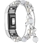 Simpeak 5.8-7.2 Fashion Band Compatible with Fitbit Charge 2 Smartwatch, Elastic Women Beaded Band Replacement for Fitbit Charge 2 Only, White