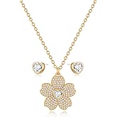 TOVABA 18K Gold Flower Pendant Necklace Heart Stud Earrings Sets for Women Elegant CZ Jewelry Set Birthday Gifts