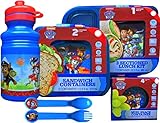 Paw Patrol Reusable 5 Piece Lunch Set Includes Pull-top Water Bottle , Utensils, Sandwich Containers with Lids, 3 Sectioned Lunch Kit , and Mini Snack Containers