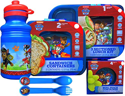 Paw Patrol Reusable 5 Piece Lunch Set Includes Pull-top Water Bottle , Utensils, Sandwich Containers with Lids, 3 Sectioned Lunch Kit , and Mini Snack Containers