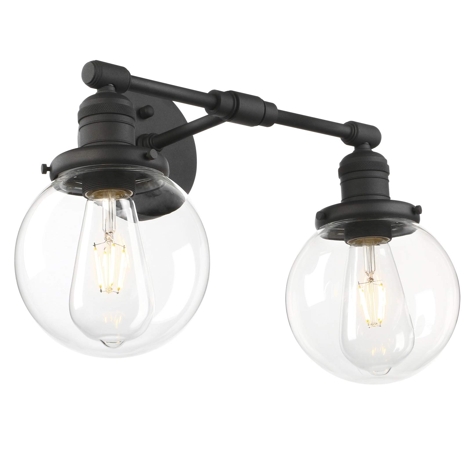 Phansthy Double Head Light Industrial Wall Lights Vintage Wall Sconces with Clear Globe Glass Shade Wall Lamp for Hallway Living Room Kitchen Dining Room Bedroom Vanity Mirror (Black)