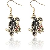 CENWA Black Raven Crow Earrings Bird Lovers Gift Red Flower Dangle Earrings Halloween Jewelry Gifts for Women
