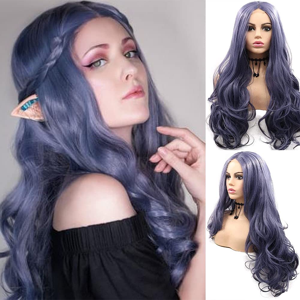 AFBeauty Dark Blue Lace Front Wig Synthetic Half Hand Tied Free Part Gluless Lace Wig Pre Plucked Natural Hairline Long Wave Hair Replacement Wigs — image 1