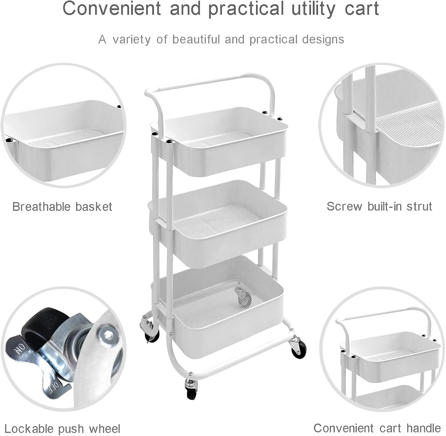DOSURBAN 3 Tier Rolling Utility Cart with Wheels, Multifunctional Metal Storage Organizer Shelves with Mesh Baskets and Handle, Rolling Trolley Service Cart for Salon, Kitchen, Office, Bathroom: Kitchen & Dining