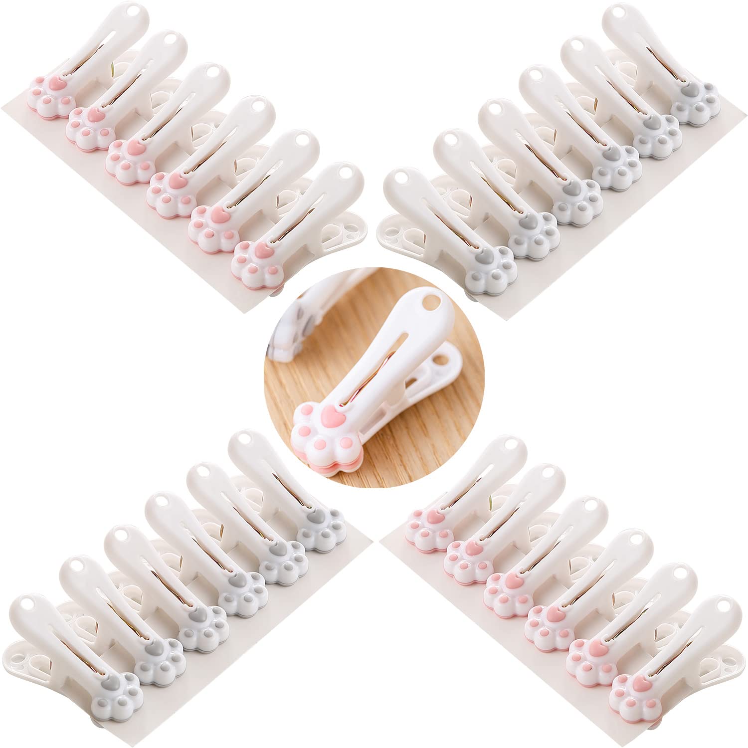 Lawen Creative Cute Cat Paw Soft Bite Clothes Peg, Sturdy Clip (Pack of 24, Grey/Pink)