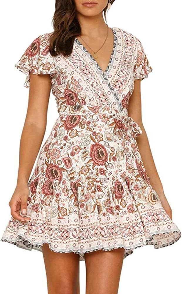 Summer Dresses for Women Short Sleeve A-line Bohemian Floral Print Casual Dresses V Neck Beach Mini Ruffle Dresses with Belt 5 Color Size 8-20