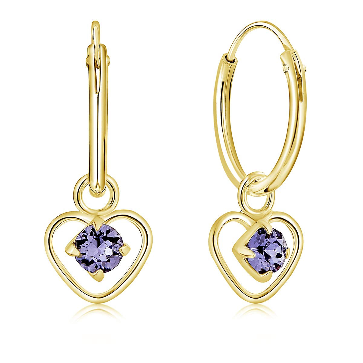 DTPsilver® 925 Sterling Silver Yellow Gold Plated SMALL Hoops Earrings & Dangling Heart with 3 mm Crystals from Swarovski® Elements - Thickness 1.5 mm - Diameter: 14 mm - Colour : Tanzanite — image 1