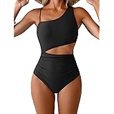Aidonger Women's Sexy One Piece Swimsuit One Shoulder Bathing Suit with Removable Strap Cutout Tummy Control Ruched Swimwear