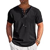 Runcati Mens Casual Henley Shirts Cotton Lace Up Short Sleeve Summer Beach Hippie V Neck Top Renaissance Pirate Shirt
