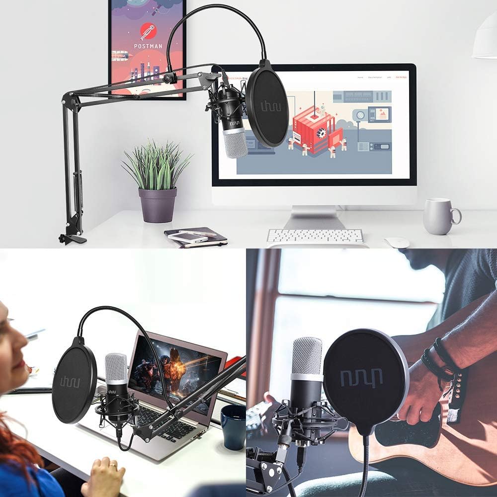 USB Podcast Condenser Microphone 192kHZ/24bit, UHURU Professional PC Streaming Cardioid Microphone Kit with Boom Arm, Shock Mount, Pop Filter and Windscreen, for Broadcasting, Recording, YouTube: Home Audio & Theater