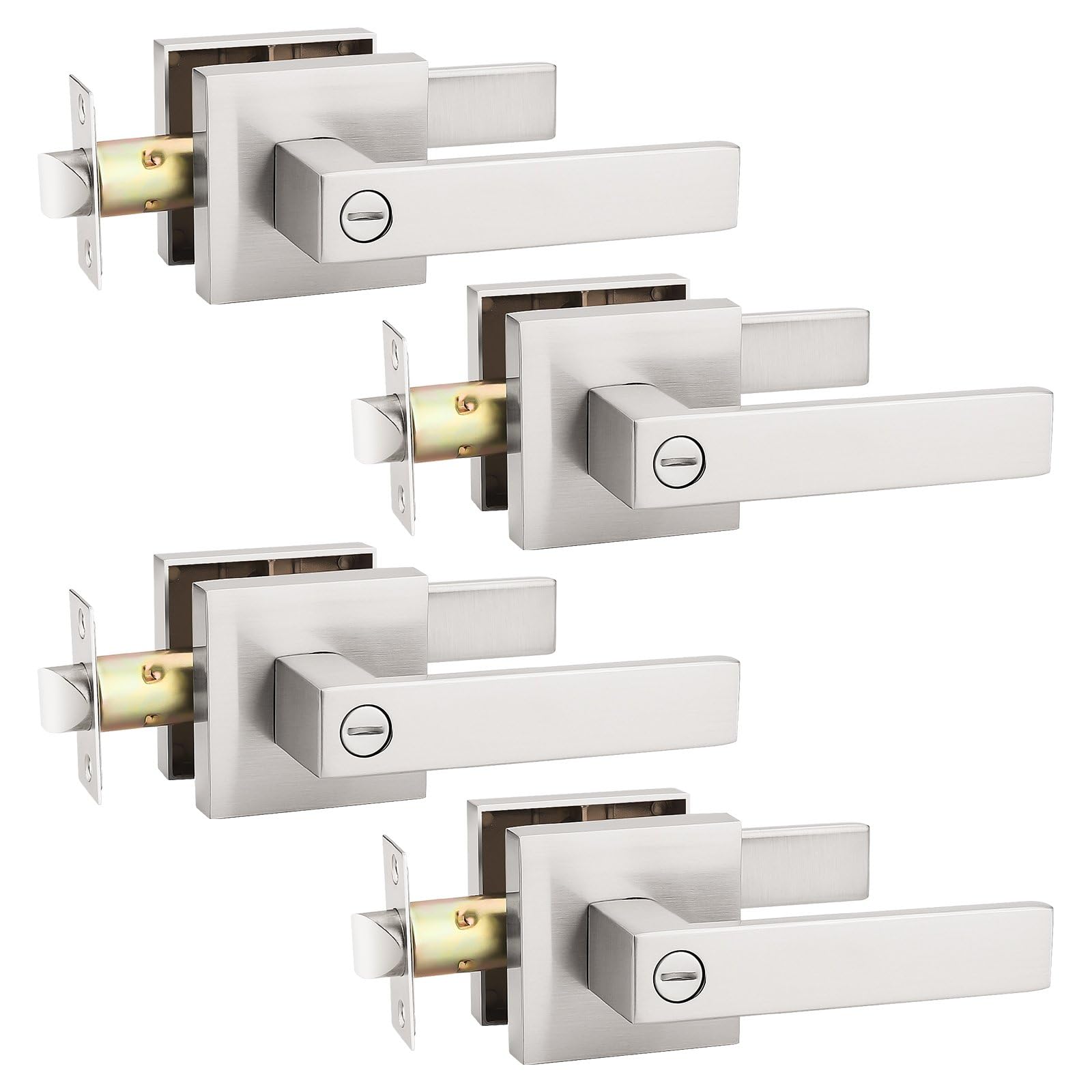 KNOBWELL 4 Pack Brushed Nickel Door Handle, Heavy Duty Modern Doorknob Interior Lever for Bed and Bath, Privacy Door Handle Lever(No Key) Image