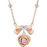 DESTIN Rose Flower Pendant Necklace Rose Gold Plated on 925 Sterling Silver Cubic Zirconia Rose Heart Necklace Birthday Anniversary Jewelry Gift for Women Girlfriend