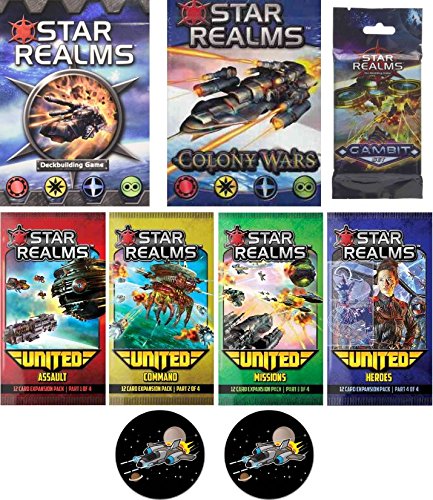 Star Realms Bundle of Base Game, Colony Wars Deck, the Gambit Set, and the United Set and 2 Star Fighter Buttons