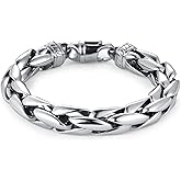 BIYONGDE Mens Stainless Steel Heavy Duty Link Chain Bracelet, Chunky Interlocking Twisted Link Design, Silver Color Polished Steel, Shiny and Bold, Punk Rock Style