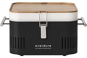 Everdure CUBE Portable Charcoal Grill, Tabletop BBQ, Perfect Tailgate, Beach, Patio, or Camping Grill, Lightweight & Compact Small Grill with Preparation Board & Food Storage Tray, Matte Black