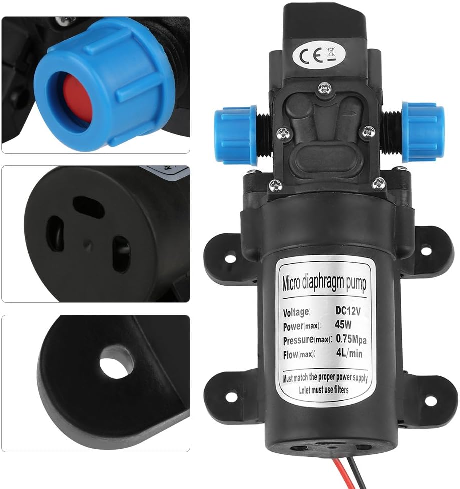 12 V Self-Priming Diaphragm Water Pump Pump, DC 12V 45W Micro Diaphragm Water Self Priming Pump Low Noise 4L/min Flowing Black with Filter