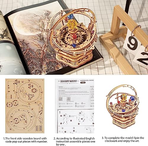 Robotime Puzzle 3D Wooden Model Music Box Mechanical Astronomy Laser Cut Puzzle Constructions, Gift for Young and Adults
