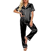 Ekouaer Silk Satin Pajamas Set Women Short Sleeve Sleepwear Soft Button Down Loungewear Pjs Set