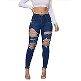 TQZQ Women's High Rise Skinny Stretch Ripped Jeans High Waisted Destroyed Butt Lift Slim Fit Tight Denim Pan